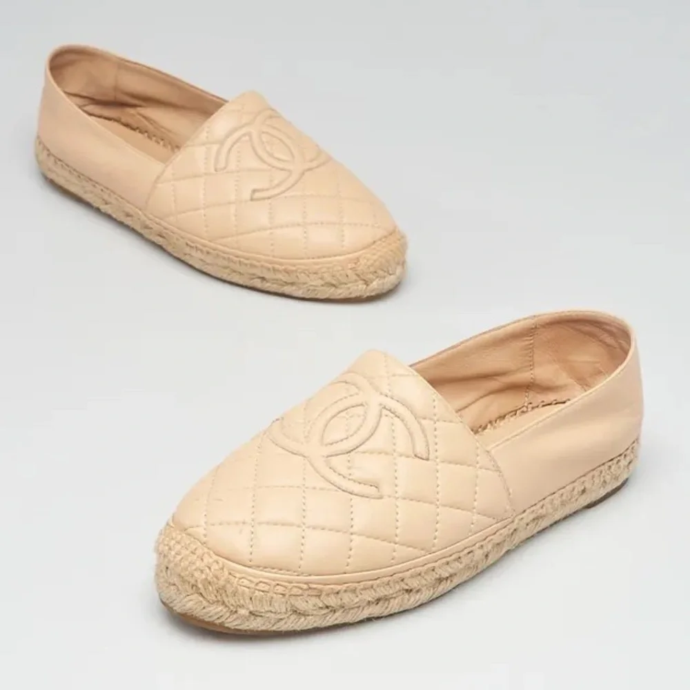 Chanel Beige Quilted Lambskin Leather CC Women's Espadrilles Size EU 38